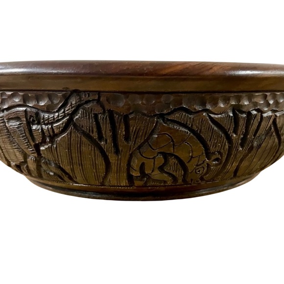 African Hand Carved Wooden Bowl Safari  Animals Decorative Dhallow Dish 10” - Picture 4 of 8